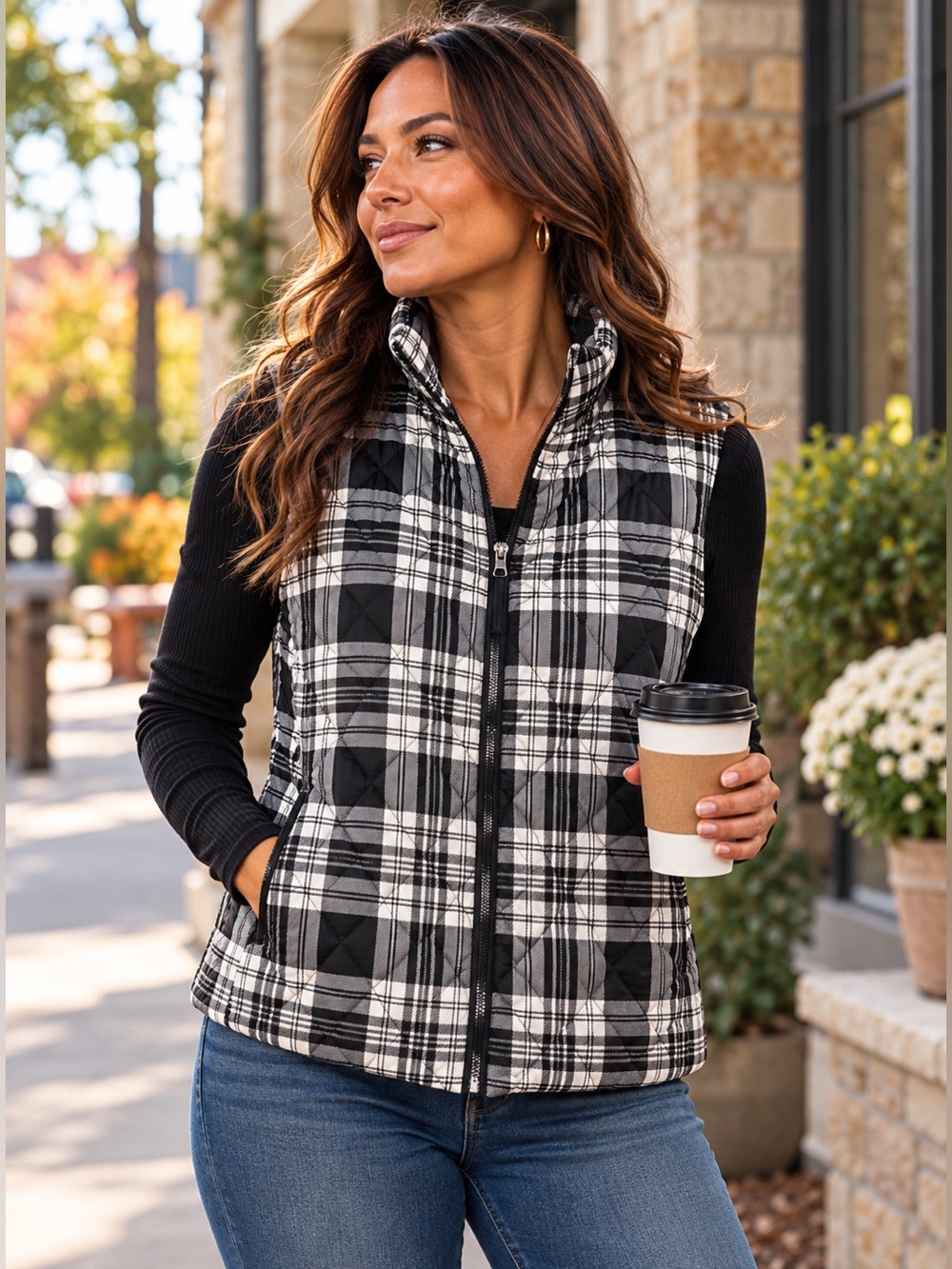 Croft & Barrow XL Black White Plaid Quilted Puffer Vest Full Zip Fall Winter